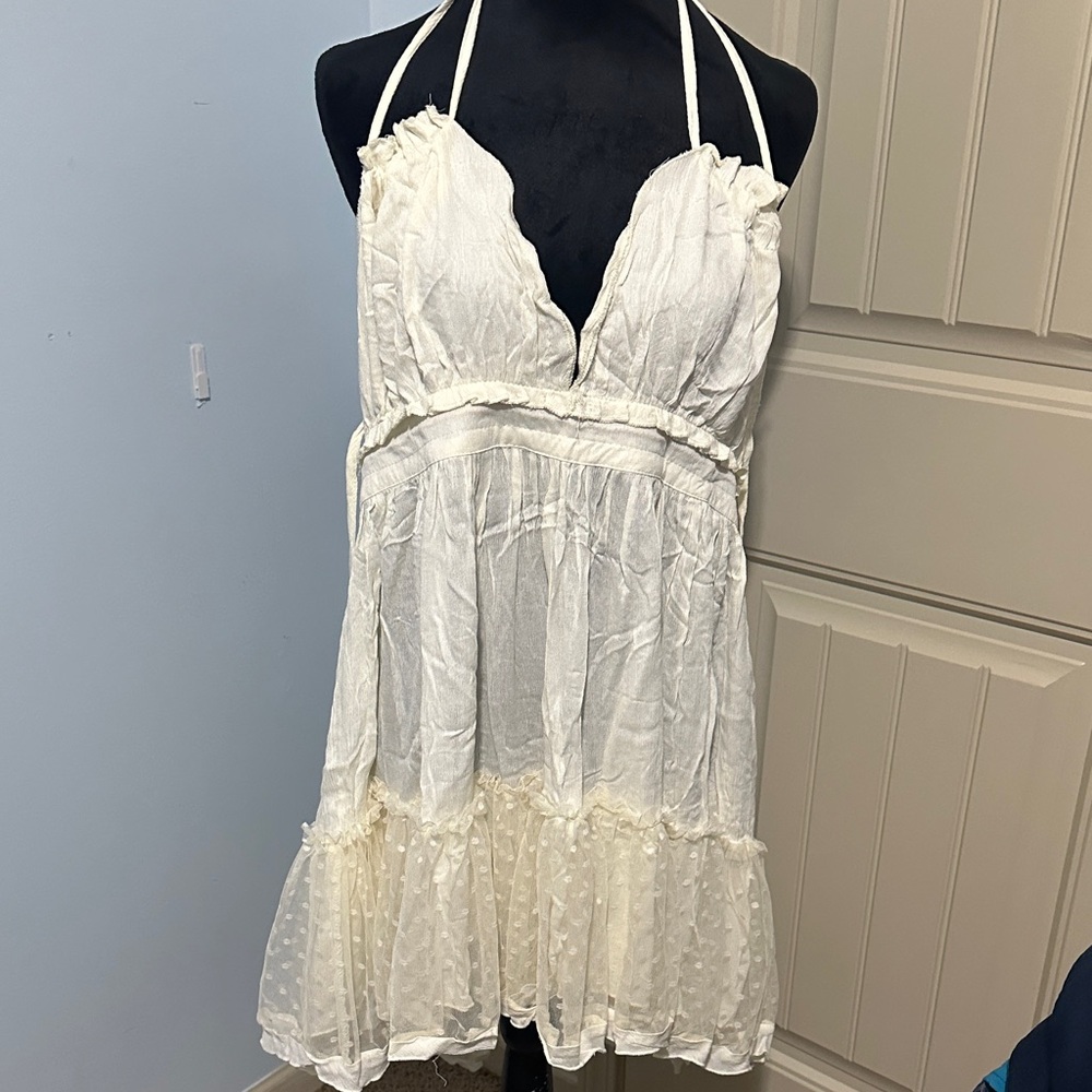 White Halter Dress with Ruffle Details